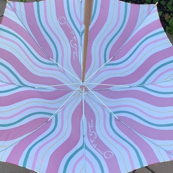 Vintage Oscar de la Renta Wooden Umbrella Pink and Green Swirls - Picture 4 of 16